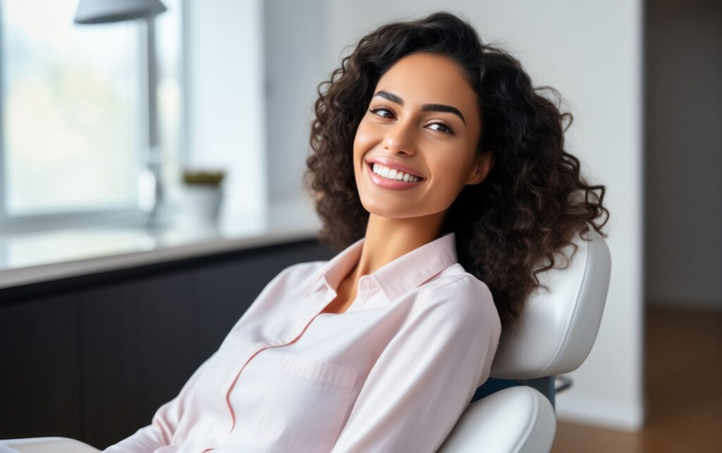 Woman with curly brown hair in pink shirt in dental chair smiling